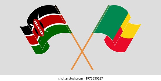 Crossed and waving flags of Kenya and Benin