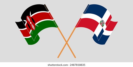 Crossed and waving flags of Kenya and Dominican Republic. Vector illustration
