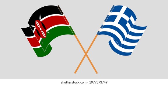 Crossed and waving flags of Kenya and Greece