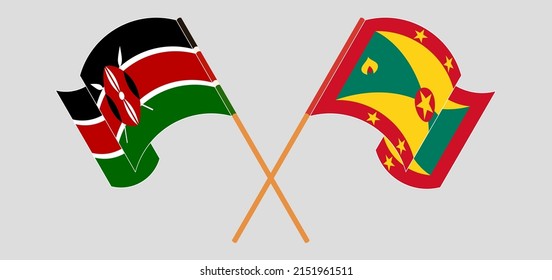 Crossed and waving flags of Kenya and Grenada. Vector illustration
