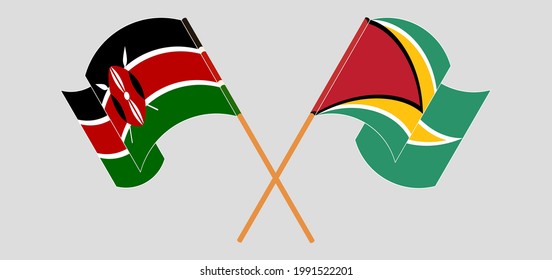 Crossed and waving flags of Kenya and Guyana