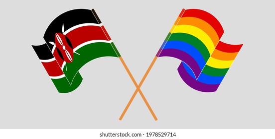 Crossed and waving flags of Kenya and LGBTQ
