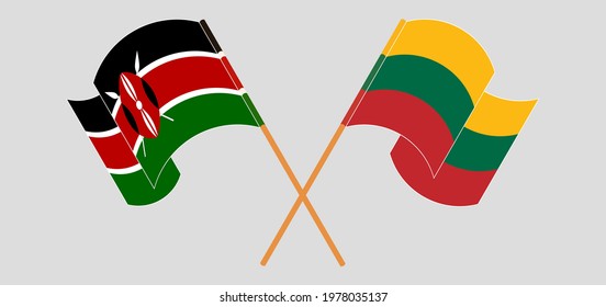 Crossed and waving flags of Kenya and Lithuania