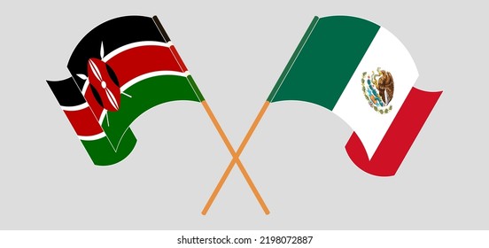 Crossed and waving flags of Kenya and Mexico. Vector illustration
