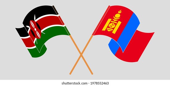 Crossed and waving flags of Kenya and Mongolia