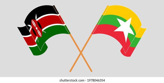 Crossed and waving flags of Kenya and Myanmar
