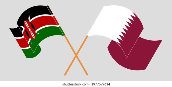 Crossed and waving flags of Kenya and Qatar