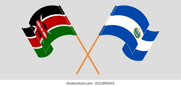 Crossed and waving flags of Kenya and Republic of El Salvador. Vector illustration.
