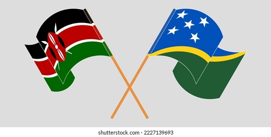 Crossed and waving flags of Kenya and Solomon Islands. Vector illustration