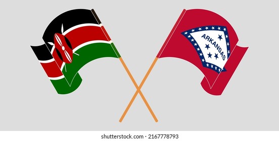 Crossed and waving flags of Kenya and The State of Arkansas. Vector illustration
