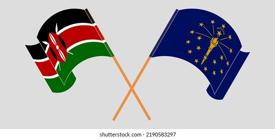Crossed and waving flags of Kenya and the State of Indiana. Vector illustration

