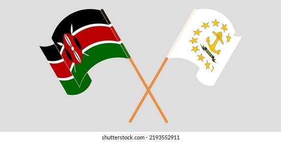 Banderas cruzadas y ondeando banderas de Kenia y del Estado de la Isla Rhode. Ilustración del vector
