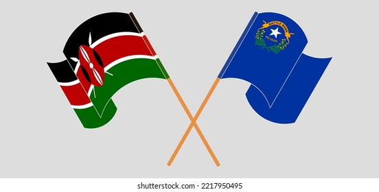 Crossed and waving flags of Kenya and The State of Nevada. Vector illustration
