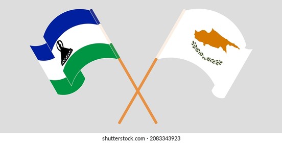 Gekreuzte und wehende Flaggen des Königreichs Lesotho und Zyperns. Vektorgrafik

