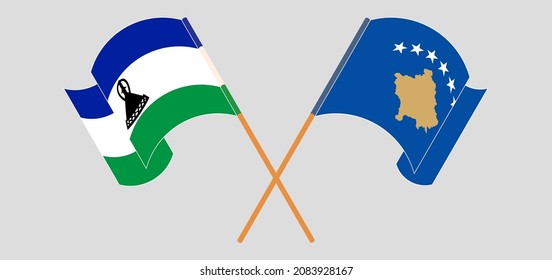 Crossed and waving flags of Kingdom of Lesotho and Kosovo. Vector illustration

