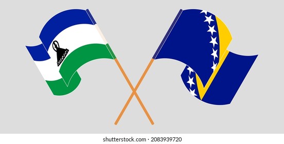 Crossed and waving flags of Kingdom of Lesotho and Brunei. Vector illustration
