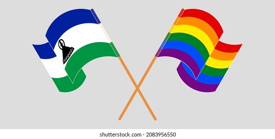 Crossed and waving flags of Kingdom of Lesotho and LGBTQ. Vector illustration
