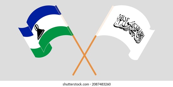 Crossed and waving flags of Kingdom of Lesotho and Taliban. Vector illustration
