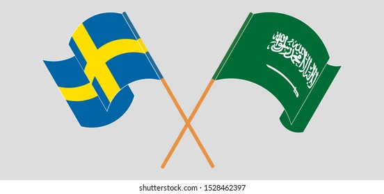 Crossed and waving flags of the Kingdom of Saudi Arabia and Sweden