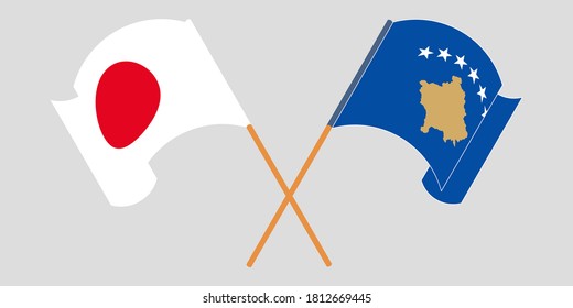 Crossed and waving flags of Kosovo and Japan