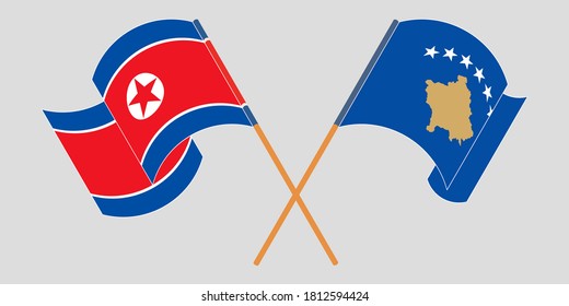 Crossed and waving flags of Kosovo and North Korea