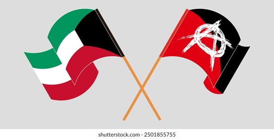 Crossed and waving flags of Kuwait and Anarchy. Vector illustration
