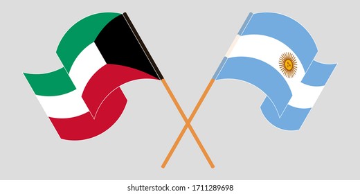 Crossed and waving flags of Kuwait and Argentina