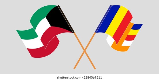 Cruzaron y ondearon banderas de Kuwait y budismo. Ilustración del vector