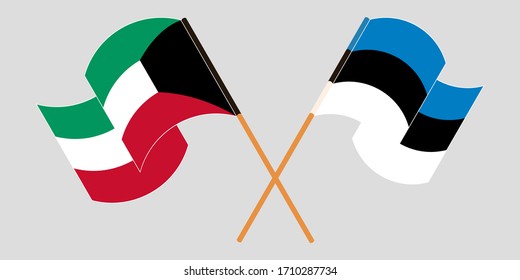 Crossed and waving flags of Kuwait and Estonia