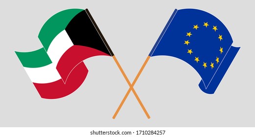 Banderas cruzadas y ondeando banderas de Kuwait y de la Unión Europea