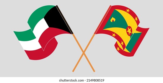 Crossed and waving flags of Kuwait and Grenada. Vector illustration
