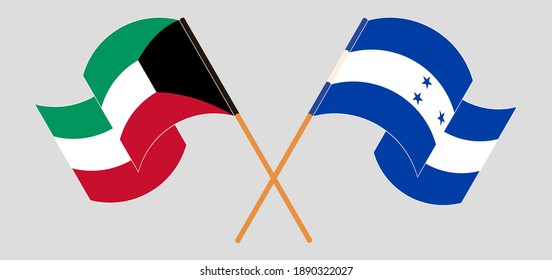 Banderas cruzadas y ondeando banderas de Kuwait y Honduras