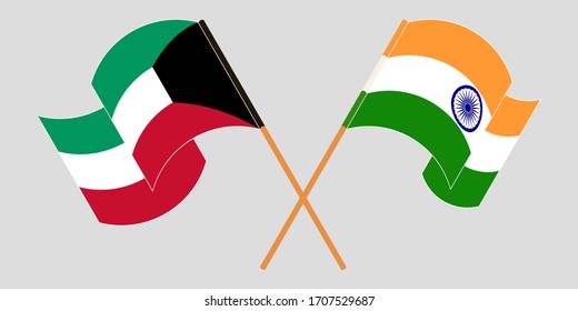 Crossed and waving flags of Kuwait and India