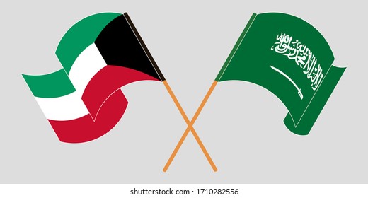 Crossed and waving flags of Kuwait and the Kingdom of Saudi Arabia