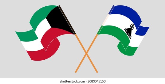 Crossed and waving flags of Kuwait and Kingdom of Lesotho. Vector illustration
