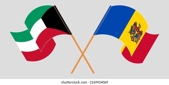 Gekreuzte und wehende Flaggen von Kuwait und Moldawien. Vektorgrafik
