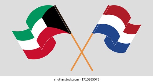 Crossed and waving flags of Kuwait and the Netherlands