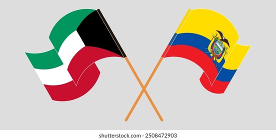 Überquerte und wehende Fahnen von Kuwait und der Republik Ecuador. Vektorgrafik
