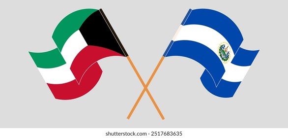 Bandeiras cruzadas e acenando do Kuwait e da República de El Salvador. Ilustração vetorial.
