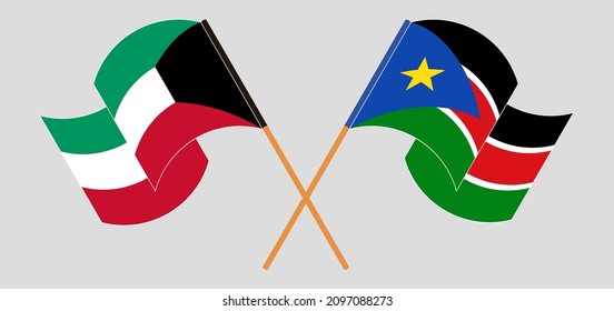 Crossed and waving flags of Kuwait and South Sudan. Vector illustration
