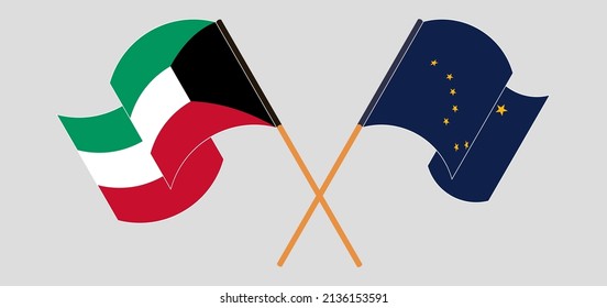 Crossed and waving flags of Kuwait and the State of Alaska. Vector illustration
