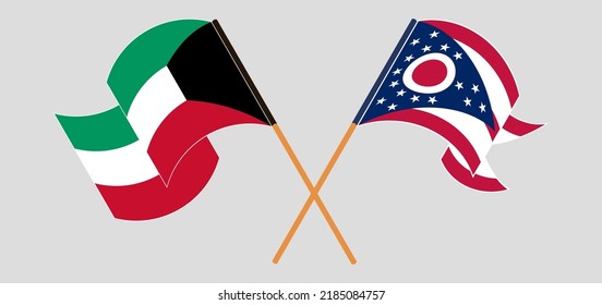 Überquerte und schwellende Flaggen Kuwaits und des Staates Ohio. Vektorgrafik
