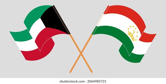 Crossed and waving flags of Kuwait and Tajikistan