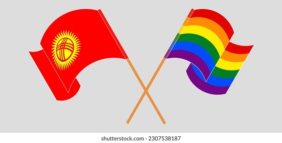 Crossed and waving flags of Kyrgyzstan and LGBTQ. Vector illustration
