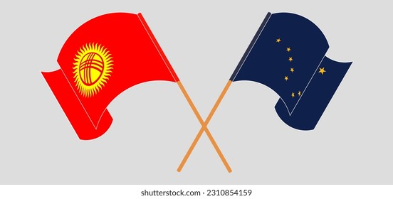 Crossed and waving flags of Kyrgyzstan and the State of Alaska. Vector illustration
