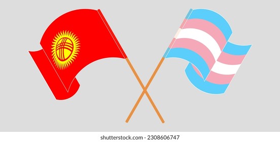 Crossed and waving flags of Kyrgyzstan and Transgender Pride. Vector illustration
