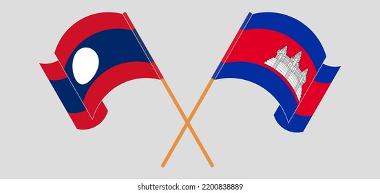 Crossed and waving flags of Laos and Cambodia. Vector illustration
