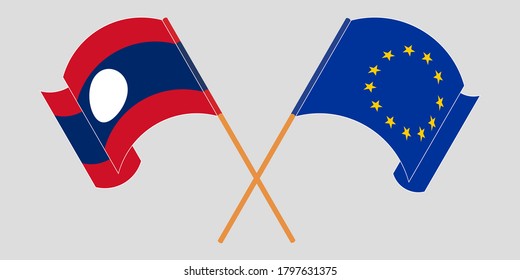 Gekreuzte und wehende Flaggen von Laos und der EU