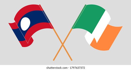 Crossed and waving flags of Laos and Ireland