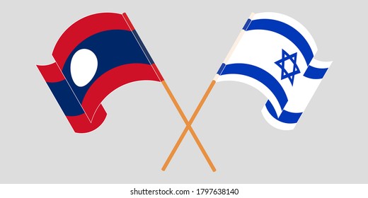 Crossed and waving flags of Laos and Israel